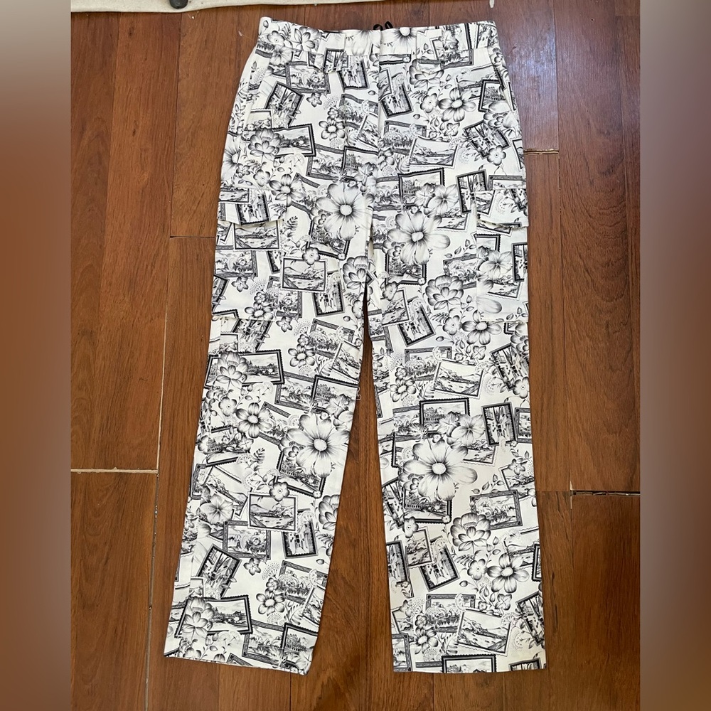 Tara Jarmon Paris NWT toile postcard print cropped cargo pants
